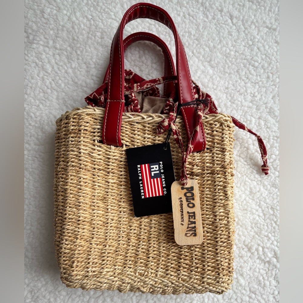 NWT Vintage Y2K Polo Ralph Lauren Mini Straw Bag with Red Handles and Lining